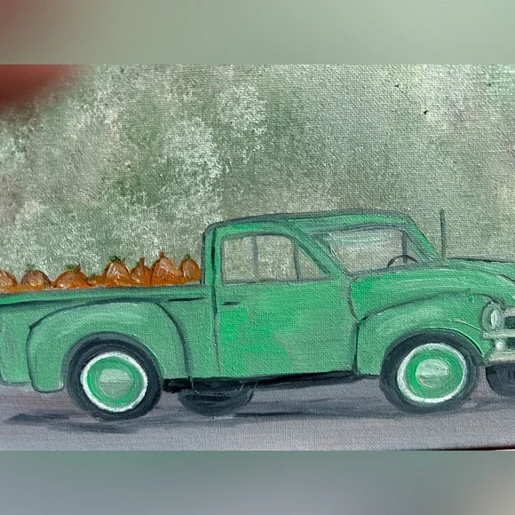 Vintage Green Pumpkin Truck Canvas Art Painting - Picture 2 of 2